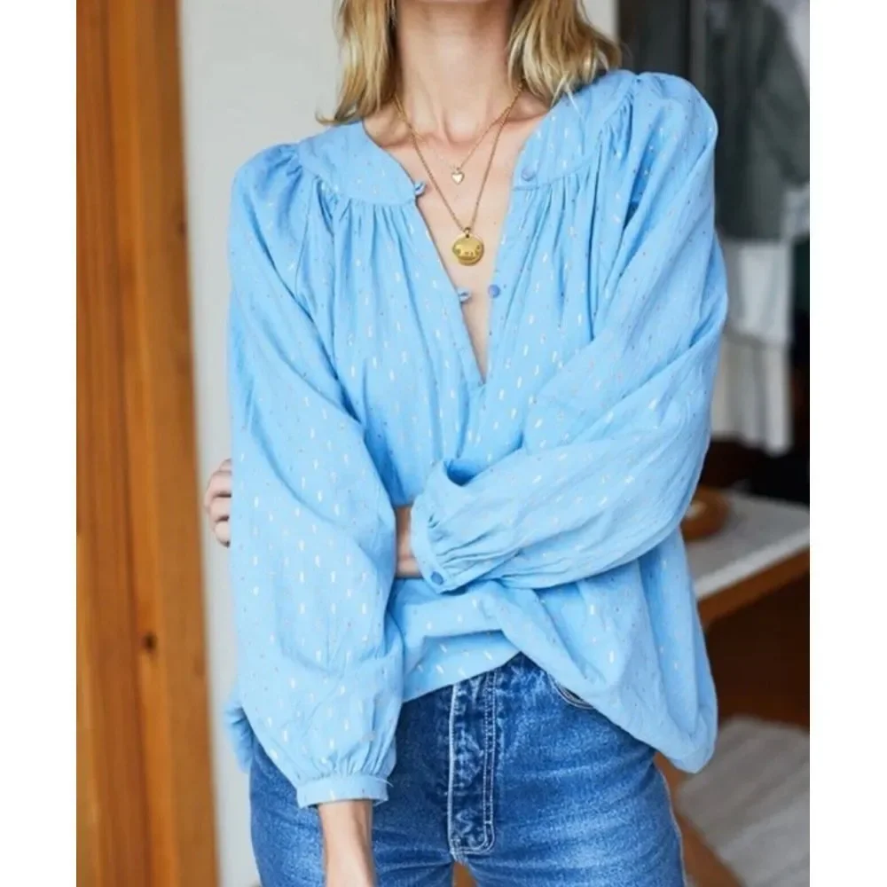 Emerson Fry Sky Blue Blouse with gold. Gently worn. - Picture 2 of 7